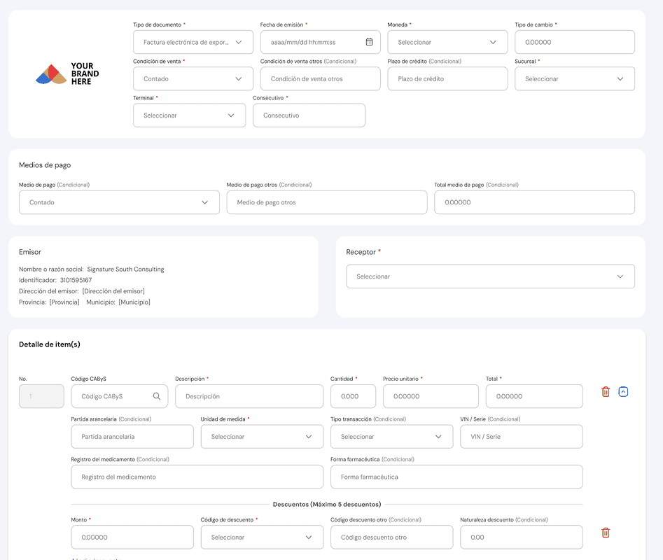 Export invoice form showing document-specific requirements within the shared ioFacturo layout.