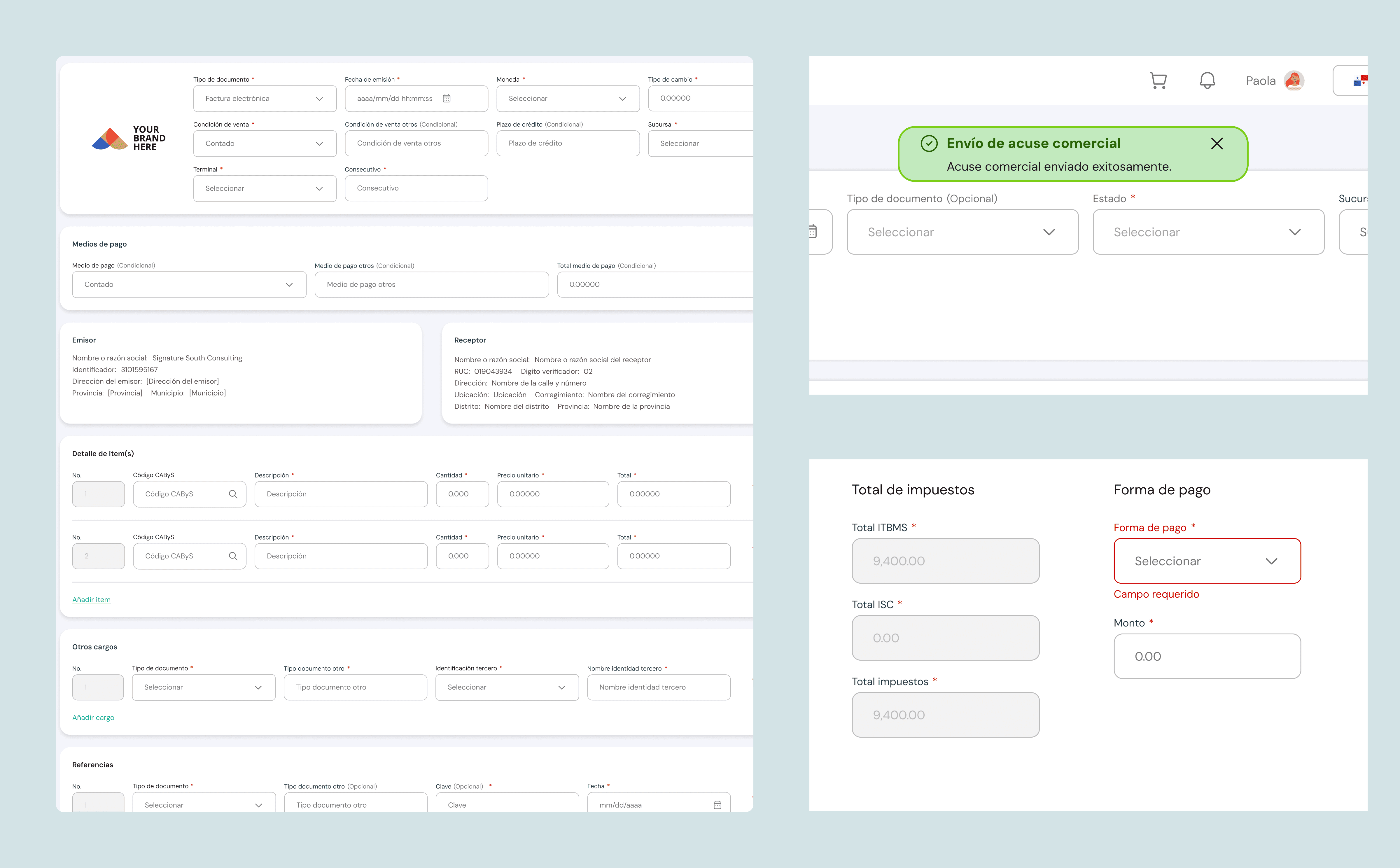 ioFacturo invoicing flow showing progressive disclosure, field validation, and successful issuance feedback.