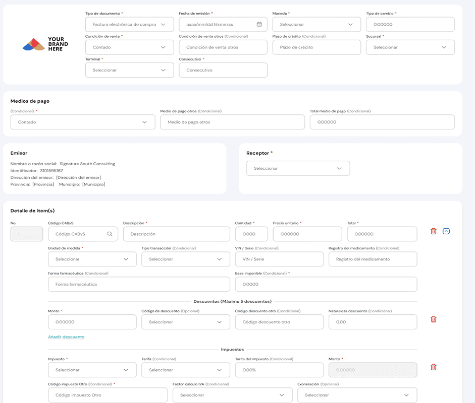 Purchase invoice form using the shared ioFacturo document structure.