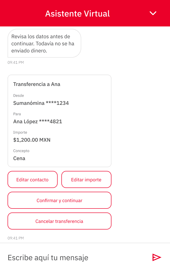 Maya transaction summary and explicit confirmation before a transfer.